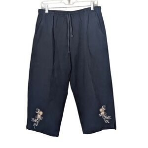 Jane Ashley Embroidered Floral Crop Pants‎ Black 100% Cotton Size L Capri length